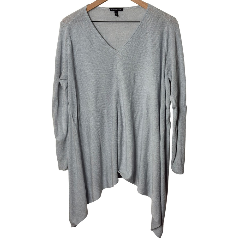 Eileen Fisher‎ Linen Blend Tunic Top Long Sleeve Blue Gray Asymmetric Hem Flowy
